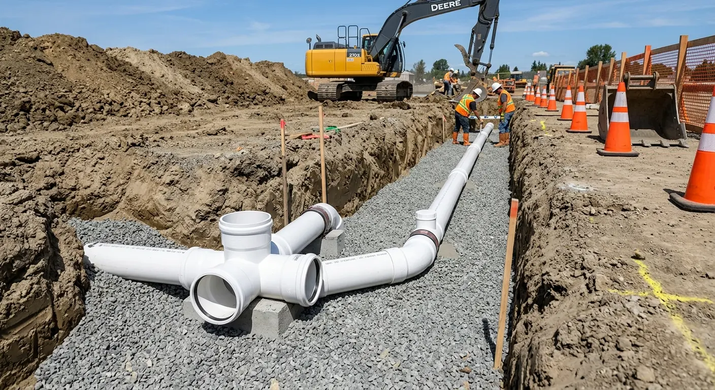 New PVC sewer pipe installation in open trench for Sewer Backup in Bentonville