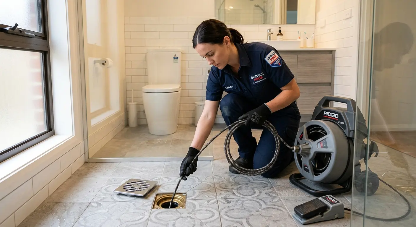 Technician clearing a bathroom floor drain for Sewer Line Replacement in Bentonville